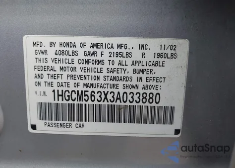 2003 Honda Accord 2.4 Lx from USA, damaged, VIN 1HGCM563X3A033880